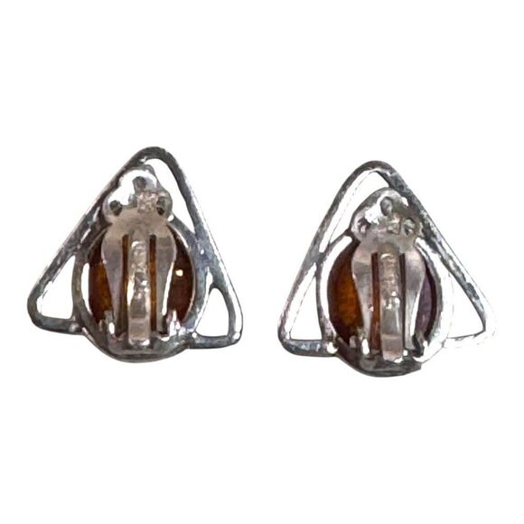 Vintage MCM Brutalist Amber Sterling Silver 925 Clip-On Earrings Triangle Design - Picture 7 of 8